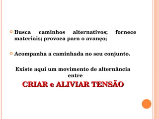 Busca caminhos alternativos; fornece materiais; provoca para o avanço; Acompanha a caminhada no seu conjunto. Existe aqui um movimento de alternância entre CRIAR e ALIVIAR TENSÃO 