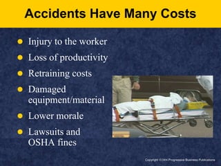 Copyright ã2006 Progressive Business PublicationsAccidents Have Many CostsInjury to the workerLoss of productivityRetraining costsDamaged equipment/materialLower morale Lawsuits and OSHA fines