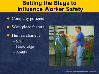 Copyright ã2006 Progressive Business PublicationsSetting the Stage to Influence Worker SafetyCompany policiesWorkplace factorsHuman elementSkillKnowledgeAbility