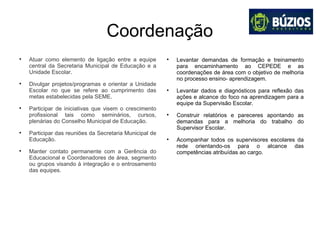 Coordenação

Atuar como elemento de ligação entre a equipe
central da Secretaria Municipal de Educação e a
Unidade Escolar.

Divulgar projetos/programas e orientar a Unidade
Escolar no que se refere ao cumprimento das
metas estabelecidas pela SEME.

Participar de iniciativas que visem o crescimento
profissional tais como seminários, cursos,
plenárias do Conselho Municipal de Educação.

Participar das reuniões da Secretaria Municipal de
Educação.

Manter contato permanente com a Gerência do
Educacional e Coordenadores de área, segmento
ou grupos visando à integração e o entrosamento
das equipes.

Levantar demandas de formação e treinamento
para encaminhamento ao CEPEDE e as
coordenações de área com o objetivo de melhoria
no processo ensino- aprendizagem.

Levantar dados e diagnósticos para reflexão das
ações e alcance do foco na aprendizagem para a
equipe da Supervisão Escolar.

Construir relatórios e pareceres apontando as
demandas para a melhoria do trabalho do
Supervisor Escolar.

Acompanhar todos os supervisores escolares da
rede orientando-os para o alcance das
competências atribuídas ao cargo.
 