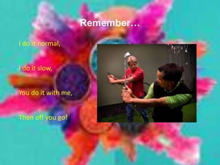 Remember…
I do it normal,
I do it slow,
You do it with me,
Then off you go!
13
 