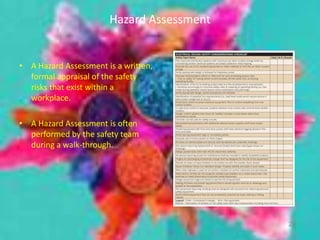 Hazard Assessment
• A Hazard Assessment is a written,
formal appraisal of the safety
risks that exist within a
workplace.
• A Hazard Assessment is often
performed by the safety team
during a walk-through.
20
 