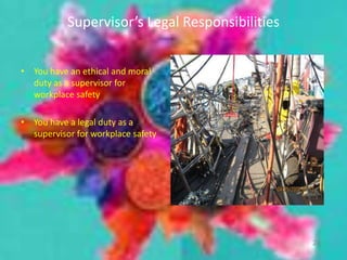 Supervisor’s Legal Responsibilities
• You have an ethical and moral
duty as a supervisor for
workplace safety
• You have a legal duty as a
supervisor for workplace safety
24
 