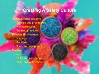 Creating A Safety Culture
• Organizational systems
• Policies and procedures
• Hiring practices
• Training practices
• Physical Environment
• Hazards
• Facilities
• Tools and equipment
• People
• Norms
• Skills and knowledge
• Team characteristics
9
 