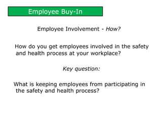 Employee Buy-In
Employee Involvement - How?
How do you get employees involved in the safety
and health process at your workplace?
Key question:
What is keeping employees from participating in
the safety and health process?
 