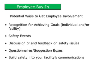 Employee Buy-In
• Recognition for Achieving Goals (individual and/or
facility)
• Safety Events
• Discussion of and feedback on safety issues
• Questionnaires/Suggestion Boxes
• Build safety into your facility’s communications
Potential Ways to Get Employee Involvement
 