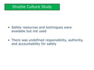 Shuttle Culture Study
• Safety resources and techniques were
available but not used
• There was undefined responsibility, authority,
and accountability for safety
 