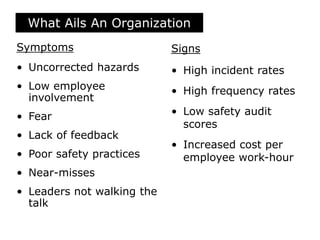 What Ails An Organization
Symptoms
• Uncorrected hazards
• Low employee
involvement
• Fear
• Lack of feedback
• Poor safety practices
• Near-misses
• Leaders not walking the
talk
Signs
• High incident rates
• High frequency rates
• Low safety audit
scores
• Increased cost per
employee work-hour
 