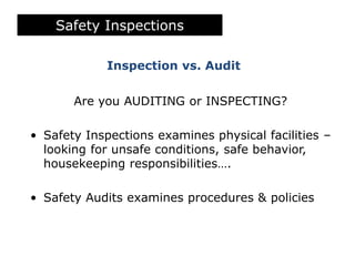 PPT-063-01 59
Safety Inspections
Inspection vs. Audit
Are you AUDITING or INSPECTING?
• Safety Inspections examines physical facilities –
looking for unsafe conditions, safe behavior,
housekeeping responsibilities….
• Safety Audits examines procedures & policies
 