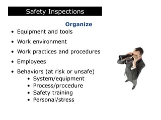 Safety Inspections
Organize
• Equipment and tools
• Work environment
• Work practices and procedures
• Employees
• Behaviors (at risk or unsafe)
• System/equipment
• Process/procedure
• Safety training
• Personal/stress
 