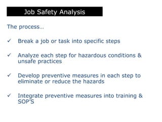 Job Safety Analysis
The process…
 Break a job or task into specific steps
 Analyze each step for hazardous conditions &
unsafe practices
 Develop preventive measures in each step to
eliminate or reduce the hazards
 Integrate preventive measures into training &
SOP’S
 