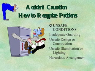 Accident Causation  How to Recognize Problems UNSAFE CONDITIONS Inadequate Guarding Unsafe Design or Construction Unsafe Illumination or Lighting Hazardous Arrangement 