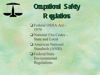 Occupational Safety Regulations Federal OSHA Act - 1970  National Fire Codes - State and Local American National Standards (ANSI) Federal/State Environmental Regulations 