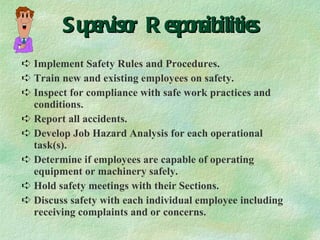 Supervisor Responsibilities Implement Safety Rules and Procedures. Train new and existing employees on safety. Inspect for compliance with safe work practices and conditions. Report all accidents. Develop Job Hazard Analysis for each operational task(s). Determine if employees are capable of operating equipment or machinery safely. Hold safety meetings with their Sections. Discuss safety with each individual employee including receiving complaints and or concerns. 
