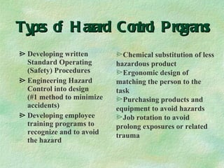 Types of Hazard Control Programs Developing written Standard Operating (Safety) Procedures Engineering Hazard Control into design  (#1 method to minimize accidents) Developing employee training programs to recognize and to avoid the hazard Chemical substitution of less hazardous product Ergonomic design of matching the person to the task Purchasing products and equipment to avoid hazards Job rotation to avoid prolong exposures or related trauma 