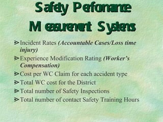 Safety Performance Measurement Systems Incident Rates  (Accountable Cases/Loss time injury) Experience Modification Rating  (Worker’s Compensation) Cost per WC Claim for each accident type Total WC cost for the District Total number of Safety Inspections Total number of contact Safety Training Hours 