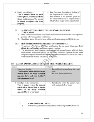 13
PUBLIC
PUBLIC
4. Poorly placed fingers
This is caused when the card
holder places just the tip of the
finger on the sensor. The sensor
is unable to capture the print
properly
1. Rest fingers on the reader so the base of
the fingers are not raised off it
2. Pay attention to the prompts given on
the screen and device so fingers are not
lifted before proper prints are captured
16.1 ALTERNATIVE SOLUTIONS TO FAILED NO CARD PRESENT
VERIFICATION
1. If the cardholder continues to receive a false verification and his/her card is present,
perform a KYC finger/face verification.
2. Should the above fail, perform an offline verification using the MECO device.
16.2 HOW TO PERFORM FACE VERIFICATIONS CORRECTLY
1. To perform a Yes/No or KYC face verification, the end users' Ghana card CAN
(Card Access Number) and biometrics are required.
2. The administrator shall input the cardholder's Card Access Number, which is the 6-
digit number beneath the picture on the Ghana Card and captures the end user's
image to complete the verification process and receive a result. Refer to the MECO
verification user manual for detailed instructions.
17.0 CAUSES AND SOLUTIONS TO FAILED VERIFICATION RESULTS
Causes Solution
1. Poor room lighting
This is caused when the light in the
room is dim so the image captured
appears dark and card holders’
features cannot read
1. Re-position in a more lit-up place and
redo
2. Perform finger verification
2. Smudges on the camera lens
This is caused when the camera
lens is dirty due to dust or finger
marks, so the image captured
appears blurry or not clear
1. Periodically wipe the camera lens
with a clean cloth or tissue
17.1 ALTERNATIVE SOLUTIONS
1. Perform a finger verification in offline mode using the MECO device.
 
