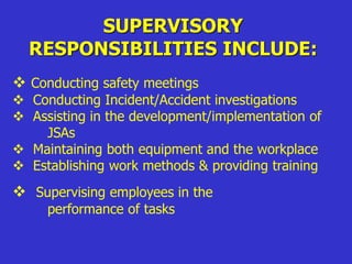 SUPERVISORY
RESPONSIBILITIES INCLUDE:
 Conducting safety meetings
 Conducting Incident/Accident investigations
 Assisting in the development/implementation of
JSAs
 Maintaining both equipment and the workplace
 Establishing work methods & providing training
 Supervising employees in the
performance of tasks
 