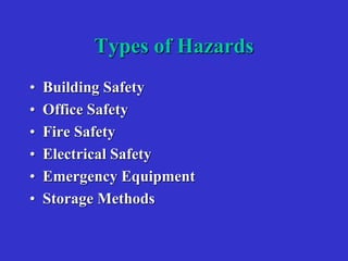Types of Hazards
• Building Safety
• Office Safety
• Fire Safety
• Electrical Safety
• Emergency Equipment
• Storage Methods
 