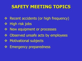 SAFETY MEETING TOPICS
 Recent accidents (or high frequency)
 High risk jobs
 New equipment or processes
 Observed unsafe acts by employees
 Motivational subjects
 Emergency preparedness
 