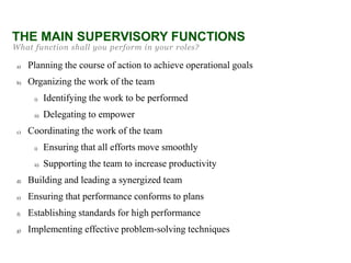 THE MAIN SUPERVISORY FUNCTIONS
What function shall you perform in your roles?
a) Planning the course of action to achieve operational goals
b) Organizing the work of the team
i) Identifying the work to be performed
ii) Delegating to empower
c) Coordinating the work of the team
i) Ensuring that all efforts move smoothly
ii) Supporting the team to increase productivity
d) Building and leading a synergized team
e) Ensuring that performance conforms to plans
f) Establishing standards for high performance
g) Implementing effective problem-solving techniques
 
