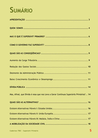 Cadernos FBO - Superávit Primário 5
APRESENTAÇÃO .................................................................................. 3
QUEM SOMOS ..................................................................................... 4
MAS O QUE É SUPERÁVIT PRIMÁRIO? ........................................................ 6
COMO O GOVERNO FAZ SUPERÁVIT? ......................................................... 8
QUAIS SÃO AS CONSEQÜÊNCIAS? .............................................................. 9
Aumento da Carga Tributária................................................................... 9
Redução dos Gastos Sociais ................................................................... 10
Desmonte da Administração Pública ......................................................... 11
Baixo Crescimento Econômico e Desemprego ............................................. 11
DÍVIDA PÚBLICA ................................................................................. 14
Mas, Afinal, que Dívida é essa que nos Leva a Gerar Contínuos Superávits Primários? .. 14
QUAIS SÃO AS ALTERNATIVAS? ............................................................... 16
Existem Alternativas Viáveis I: Estados Unidos.............................................. 16
Existem Alternativas Viáveis II: União Européia............................................. 17
Existem Alternativas Viáveis III: Malásia, Índia e China .................................... 17
A MOBILIZAÇÃO DA SOCIEDADE CIVIL ....................................................... 18
SUMÁRIO
 
