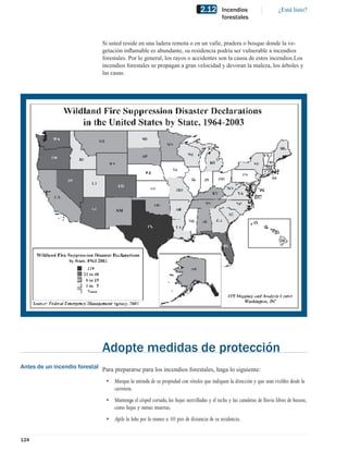 2.12       Incendios                     ¿Está listo?
                                                                                               forestales



                                Si usted reside en una ladera remota o en un valle, pradera o bosque donde la ve-
                                getación inﬂamable es abundante, su residencia podría ser vulnerable a incendios
                                forestales. Por lo general, los rayos o accidentes son la causa de estos incendios.Los
                                incendios forestales se propagan a gran velocidad y devoran la maleza, los árboles y
                                las casas.




                                Adopte medidas de protección
Antes de un incendio forestal Para prepararse para los incendios forestales, haga lo siguiente:

                                  • Marque la entrada de su propiedad con rótulos que indiquen la dirección y que sean visibles desde la
                                    carretera.
                                  • Mantenga el césped cortado, las hojas rastrilladas y el techo y las canaletas de lluvia libres de basura,
                                    como hojas y ramas muertas.
                                  • Apile la leña por lo menos a 30 pies de distancia de su residencia.


124
 
