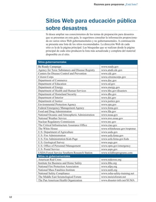 Razones para prepararse ¿Está listo?




           Sitios Web para educación pública
           sobre desastres
           Si desea ampliar sus conocimientos de los temas de preparación para desastres
           que se presentan en esta guía, le sugerimos consultar la información proporciona-
           da en varios sitios Web gubernamentales y no gubernamentales. A continuación
           se presenta una lista de los sitios recomendados. La dirección Web de cada
           sitio es la de la página principal. Las búsquedas que se realizan desde la página
           principal de cada sitio producen la lista más actualizada y completa del material
           disponible en el sitio.

     Sitios gubernamentales
     Be Ready Campaign                                      www.ready.gov
     Agency for Toxic Substances and Disease Registry       www.atsdr.cdc.gov
     Centers for Disease Control and Prevention             www.cdc.gov
     Citizen Corps                                          www.citizencorps.gov
     Department of Commerce                                 www.doc.gov
     Department of Education                                www.ed.gov
     Department of Energy                                   www.energy.gov
     Department of Health and Human Services                www.hhs.gov/disasters
     Department of Homeland Security                        www.dhs.gov
     Department of Interior                                 www.doi.gov
     Department of Justice                                  www.justice.gov
     Environmental Protection Agency                        www.epa.gov
     Federal Emergency Management Agency                    www.fema.gov
     Food and Drug Administration                           www.fda.gov
     National Oceanic and Atmospheric Administration        www.noaa.gov
     National Weather Service                               www.nws.noaa.gov
     Nuclear Regulatory Commission                          www.nrc.gov
     The Critical Infrastructure Assurance Ofﬁce            www.ciao.gov
     The White House                                        www.whitehouse.gov/response
     U.S. Department of Agriculture                         www.usda.gov
     U.S. Fire Administration                               www.usfa.fema.gov
     U.S. Fire Administration Kids Page                     www.usfa.fema.gov/kids
     U.S. Geological Survey                                 www.usgs.gov
     U.S. Ofﬁce of Personnel Management                     www.opm.gov/emergency
     U.S. Postal Service                                    www.usps.gov
     USDA Forest Service Southern Research Station          www.wildﬁreprograms.com
     Sitios no gubernamentales
     American Red Cross                                     www.redcross.org
     Institute for Business and Home Safety                 www.ibhs.org
     National Fire Protection Association                   www.nfpa.org
     National Mass Fatalities Institute                     www.nmﬁ.org
     National Safety Compliance                             www.osha-safety-training.net
                                                            www.osha-safety-training.net
     The Middle East Seismological Forum                    www.meieisforum.net
     The Pan American Health Organization                   www.disaster-info.net/SUMA




12
 