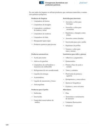 3.2   Emergencias domésticas con                       ¿Está listo?
                            productos químicos



      En casi todos los hogares se utilizan productos que contienen materiales o sustan-
      cias químicas peligrosos.

         Productos de limpieza                       Pesticidas para interiores
         • Limpiadores de hornos                      • Aerosoles y cebos para
         • Limpiadores de desagües                       hormigas

          • Limpiadores y pulidores                   • Aerosoles y cebos para
            de madera y metal                            cucarachas

         • Limpiadores de inodoros                    • Repelentes y champús contra
                                                         pulgas
         • Limpiadores de baño
                                                      • Aerosoles contra alimañas
         • Blanqueador (para ropa)
                                                      • Insecticidas para casa y jardín
         • Productos químicos para piscina
                                                      • Repelentes de polillas

                                                      • Venenos y cebos para
                                                        ratas y ratones
         Productos automotrices                      Suministros para taller y pintura

         • Aceite para motor                          • Adhesivos y pegamentos

         • Aditivos de gasolina                       • Quitaesmaltes

          • Limpiadores de carburadores e             • Pintura a base de aceite o
            inyectores de combustible                    esmalte

         • Refrigerantes de aire acondicionado        • Tintes y acabados

         • Líquidos de arranque                       • Disolventes de pintura y
                                                         aguarrás
         • Acumuladores
                                                      • Quitapinturas y removedores
         • Líquido de transmisión y frenos
                                                      • Químicos fotográﬁcos
         • Anticongelante
                                                      • Fijadores y otros solventes
         Productos para el jardín                    Misceláneo

         • Herbicidas                                 • Pilas

         • Insecticidas                               • Termostatos o termómetros
                                                        de mercurio
         • Fungicidas/conservadores de
            madera                                    • Lámparas ﬂuorescentes

                                                      • Selladores




134
 