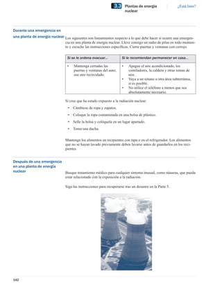 3.3       Plantas de energía                ¿Está listo?
                                                                           nuclear



Durante una emergencia en
una planta de energía nuclear Los siguientes son lineamientos respecto a lo que debe hacer si ocurre una emergen-
                              cia en una planta de energía nuclear. Lleve consigo un radio de pilas en todo momen-
                              to y escuche las instrucciones especíﬁcas. Cierre puertas y ventanas con cerrojo.

                                 Si se le ordena evacuar…              Si le recomiendan permanecer en casa…

                                 •    Mantenga cerradas las            •     Apague el aire acondicionado, los
                                      puertas y ventanas del auto;           ventiladores, la caldera y otras tomas de
                                      use aire recirculado.                  aire.
                                                                       •     Vaya a un sótano u otra área subterránea,
                                                                             si es posible.
                                                                       •     No utilice el teléfono a menos que sea
                                                                             absolutamente necesario.

                                Si cree que ha estado expuesto a la radiación nuclear:
                                  •   Cámbiese de ropa y zapatos.
                                  •   Coloque la ropa contaminada en una bolsa de plástico.
                                  •   Selle la bolsa y colóquela en un lugar apartado.
                                  •   Toma una ducha.

                                Mantenga los alimentos en recipientes con tapa o en el refrigerador. Los alimentos
                                que no se hayan lavado previamente deben lavarse antes de guardarlos en los reci-
                                pientes.


Después de una emergencia
en una planta de energía
nuclear                   Busque tratamiento médico para cualquier síntoma inusual, como náuseas, que pueda
                          estar relacionado con la exposición a la radiación.

                                Siga las instrucciones para recuperarse tras un desastre en la Parte 5.




142
 