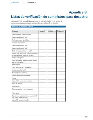 ¿Está listo?                 Apéndice B




                                      Apéndice B:
Listas de veriﬁcación de suministros para desastre
La siguiente lista le ayudará a determinar lo que debe incluir en su equipo de
suministros para desastre para satisfacer las necesidades de su familia.

 Artículos de primeros auxilios

 Artículos                                     Casa (√)   Vehículo (√)   Trabajo (√)

 Tiras adhesivas, varios tamaños
 Gasas estériles de 5” x 9”
 Rollos de vendas ajustables
 Vendajes triangulares
 Gasas estériles de 3” x 3”
 Gasas estériles de 4” x 4”
 Rollo de vendas cohesivas de 3”
 Toallas para manos con germicida o desin-
 fectante sin agua, a base de alcohol
 Toallas antisépticas
 Pares de guantes, grandes, de uso médico,
 que no sean de látex
 Abatelenguas
 Cinta adhesiva, de 2” de ancho
 Ungüento antibacterial
 Paquete para el resfriado
 Tijeras (pequeñas, personales)
 Pinzas
 Imperdibles de diversos tamaños
 Bolas de algodón
 Termómetro
 Tubo de vaselina u otro lubricante

 Filtro solar
 Barrera para administrar respiración artiﬁ-
 cial, como una mascarilla
 Manual de primeros auxilios




                                                                                       195
 