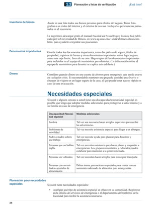 1.2     Planeación y listas de veriﬁcación                    ¿Está listo?




Inventario de bienes           Anote en una lista todos sus bienes personas para efectos del seguro. Tome foto-
                               grafías o un video del interior y el exterior de su casa. Incluya las pertenencias perso-
                               nales en el inventario.

                               Le sugerimos descargar gratis el manual Household and Personal Property Inventory Book publi-
                               cado por la Universidad de Illinois, en www.ag.uiuc.edu/~vista/abstracts/ahouseinv.
                               html, para ayudarle a registrar sus posesiones.


Documentos importantes         Guarde todos los documentos importantes, como las pólizas de seguro, títulos de
                               propiedad, registros de bienes y otros documentos importantes en un lugar seguro,
                               como una caja fuerte, fuera de su casa. Haga copias de los documentos importantes
                               para incluirlos en el equipo de suministros para desastre. (La información sobre el
                               equipo de suministros para desastre se explica más adelante.)


Dinero                         Considere guardar dinero en una cuenta de ahorros para emergencia que pueda usarse
                               en cualquier crisis. Es recomendable mantener una pequeña cantidad en efectivo o
                               cheques de viajero en un lugar seguro de la casa, al que pueda tener acceso rápido en
                               caso de una evacuación.



                               Necesidades especiales
                               Si usted o alguien cercano a usted tiene una discapacidad o necesidad especial, es
                               posible que tenga que adoptar medidas adicionales para protegerse a usted mismo y a
                               su familia en caso de emergencia.

                                Discapacidad/Necesi-       Medidas adicionales
                                dad especial

                                Sordera                    Tal vez sea necesario hacer arreglos especiales para recibir
                                                           las advertencias.
                                Problemas de               Tal vez necesite asistencia especial para llegar a un albergue.
                                movilidad
                                Padre o madre soltero      Tal vez necesite ayuda para planear para desastres y
                                que trabaja                emergencias.

                                Personas que no hablan     Tal vez necesiten asistencia para hacer planes y responder a
                                inglés                     emergencias. Los grupos comunitarios y culturales pueden
                                                           colaborar para mantener a la gente informada.

                                Personas sin vehículos     Tal vez necesiten hacer arreglos para conseguir transporte.


                                Personas con necesi-       Deben tomar precauciones especiales para contar con un
                                dades especiales de        suministro adecuado de alimentos para emergencias.
                                alimentación


Planeación para necesidades
especiales                  Si usted tiene necesidades especiales:
                                 •   Averigüe qué tipo de asistencia especial se ofrece en su comunidad. Regístrese
                                     en la oﬁcina de servicios de emergencia o el departamento de bomberos de la
                                     localidad para recibir la asistencia necesaria.

28
 