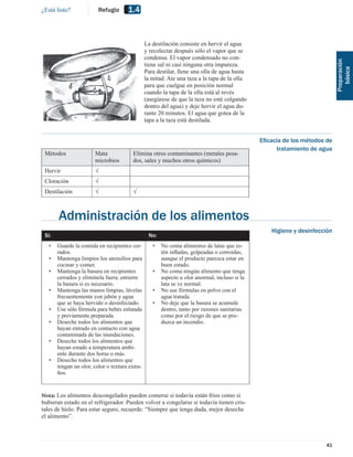 ¿Está listo?             Refugio      1.4


                                                La destilación consiste en hervir el agua
                                                y recolectar después sólo el vapor que se
                                                condensa. El vapor condensado no con-




                                                                                                                            Preparación
                                                tiene sal ni casi ninguna otra impureza.




                                                                                                                               básica
                                                Para destilar, llene una olla de agua hasta
                                                la mitad. Ate una taza a la tapa de la olla
                                                para que cuelgue en posición normal
                                                cuando la tapa de la olla está al revés
                                                (asegúrese de que la taza no esté colgando
                                                dentro del agua) y deje hervir el agua du-
                                                rante 20 minutos. El agua que gotea de la
                                                tapa a la taza está destilada.


                                                                                               Eﬁcacia de los métodos de
                                                                                                    tratamiento de agua
 Métodos               Mata             Elimina otros contaminantes (metales pesa-
                       microbios        dos, sales y muchos otros químicos)
 Hervir                √
 Cloración             √
 Destilación           √                √



       Administración de los alimentos
                                                                                                   Higiene y desinfección
 Sí:                                             No:
   •   Guarde la comida en recipientes cer-        •   No coma alimentos de latas que es-
       rados.                                          tén inﬂadas, golpeadas o corroídas,
   •   Mantenga limpios los utensilios para            aunque el producto parezca estar en
       cocinar y comer.                                buen estado.
   •   Mantenga la basura en recipientes           •   No coma ningún alimento que tenga
       cerrados y elimínela fuera; entierre            aspecto u olor anormal, incluso si la
       la basura si es necesario.                      lata se ve normal.
   •   Mantenga las manos limpias, lávelas         •   No use fórmulas en polvo con el
       frecuentemente con jabón y agua                 agua tratada.
       que se haya hervido o desinfectado.         •   No deje que la basura se acumule
   •   Use sólo fórmula para bebés enlatada            dentro, tanto por razones sanitarias
       y previamente preparada.                        como por el riesgo de que se pro-
   •   Deseche todos los alimentos que                 duzca un incendio.
       hayan entrado en contacto con agua
       contaminada de las inundaciones.
   •   Deseche todos los alimentos que
       hayan estado a temperatura ambi-
       ente durante dos horas o más.
   •   Desecho todos los alimentos que
       tengan un olor, color o textura extra-
       ños.


Nota: Los alimentos descongelados pueden comerse si todavía están fríos como si
hubieran estado en el refrigerador. Pueden volver a congelarse si todavía tienen cris-
tales de hielo. Para estar seguro, recuerde: “Siempre que tenga duda, mejor deseche
el alimento”.



                                                                                                                      41
 