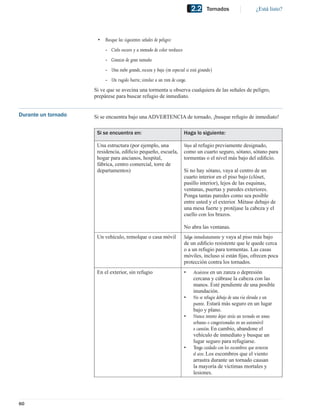 2.2     Tornados                   ¿Está listo?




                      •   Busque las siguientes señales de peligro:
                          - Cielo oscuro y a menudo de color verdusco
                          - Granizo de gran tamaño
                          - Una nube grande, oscura y baja (en especial si está girando)
                          - Un rugido fuerte, similar a un tren de carga.
                     Si ve que se avecina una tormenta u observa cualquiera de las señales de peligro,
                     prepárese para buscar refugio de inmediato.


Durante un tornado   Si se encuentra bajo una ADVERTENCIA de tornado, ¡busque refugio de inmediato!

                      Si se encuentra en:                               Haga lo siguiente:

                      Una estructura (por ejemplo, una                  Vaya al refugio previamente designado,
                      residencia, ediﬁcio pequeño, escuela,             como un cuarto seguro, sótano, sótano para
                      hogar para ancianos, hospital,                    tormentas o el nivel más bajo del ediﬁcio.
                      fábrica, centro comercial, torre de
                      departamentos)                                    Si no hay sótano, vaya al centro de un
                                                                        cuarto interior en el piso bajo (clóset,
                                                                        pasillo interior), lejos de las esquinas,
                                                                        ventanas, puertas y paredes exteriores.
                                                                        Ponga tantas paredes como sea posible
                                                                        entre usted y el exterior. Métase debajo de
                                                                        una mesa fuerte y protéjase la cabeza y el
                                                                        cuello con los brazos.

                                                                        No abra las ventanas.
                      Un vehículo, remolque o casa móvil                Salga inmediatamente y vaya al piso más bajo
                                                                        de un ediﬁcio resistente que le quede cerca
                                                                        o a un refugio para tormentas. Las casas
                                                                        móviles, incluso si están ﬁjas, ofrecen poca
                                                                        protección contra los tornados.
                      En el exterior, sin refugio                       •    Acuéstese en un zanza o depresión
                                                                             cercana y cúbrase la cabeza con las
                                                                             manos. Esté pendiente de una posible
                                                                             inundación.
                                                                        •    No se refugie debajo de una vía elevada o un
                                                                             puente. Estará más seguro en un lugar
                                                                             bajo y plano.
                                                                        •    Nunca intente dejar atrás un tornado en zonas
                                                                             urbanas o congestionadas en un automóvil
                                                                             o camión. En cambio, abandone el
                                                                             vehículo de inmediato y busque un
                                                                             lugar seguro para refugiarse.
                                                                        •    Tenga cuidado con los escombros que arrastra
                                                                             el aire. Los escombros que el viento
                                                                             arrastra durante un tornado causan
                                                                             la mayoría de víctimas mortales y
                                                                             lesiones.




60
 