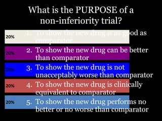 What is the PURPOSE of a
        non-inferiority trial?
20%
      1. To show the new drug is as good as
         comparato...