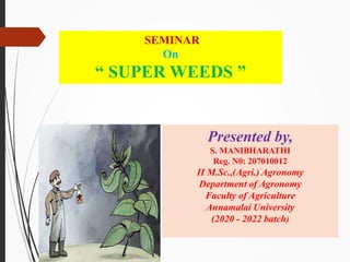 SEMINAR
On
“ SUPER WEEDS ”
Presented by,
S. MANIBHARATHI
Reg. N0: 207010012
II M.Sc.,(Agri.) Agronomy
Department of Agronomy
Faculty of Agriculture
Annamalai University
(2020 - 2022 batch)
 