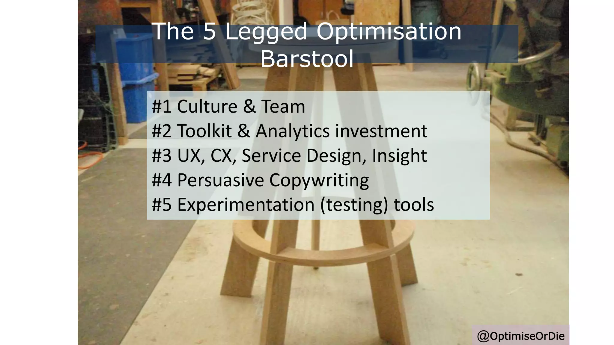 @OptimiseOrDie
#1 Culture & Team
#2 Toolkit & Analytics investment
#3 UX, CX, Service Design, Insight
#4 Persuasive Copywriting
#5 Experimentation (testing) tools
The 5 Legged Optimisation
Barstool
 