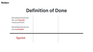 Definition of Done
Developed features
do not impede
measurement.
Developed features
are trackable.
Sprint
 