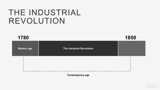 THE INDUSTRIAL
REVOLUTION
The industrial RevolutionModern age
1780 1850
Contemporary age
 