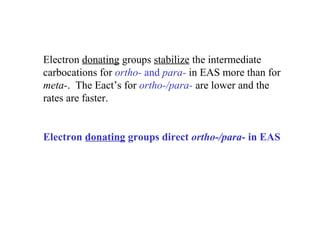 Electron donating groups stabilize the intermediate
carbocations for ortho- and para- in EAS more than for
meta-. The Eact’s for ortho-/para- are lower and the
rates are faster.
Electron donating groups direct ortho-/para- in EAS
 