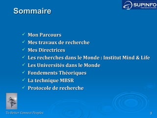 Sommaire Mon Parcours Mes travaux de recherche Mes Directrices Les recherches dans le Monde : Institut Mind & Life Les Universités dans le Monde Fondements Théoriques La technique MBSR Protocole de recherche 