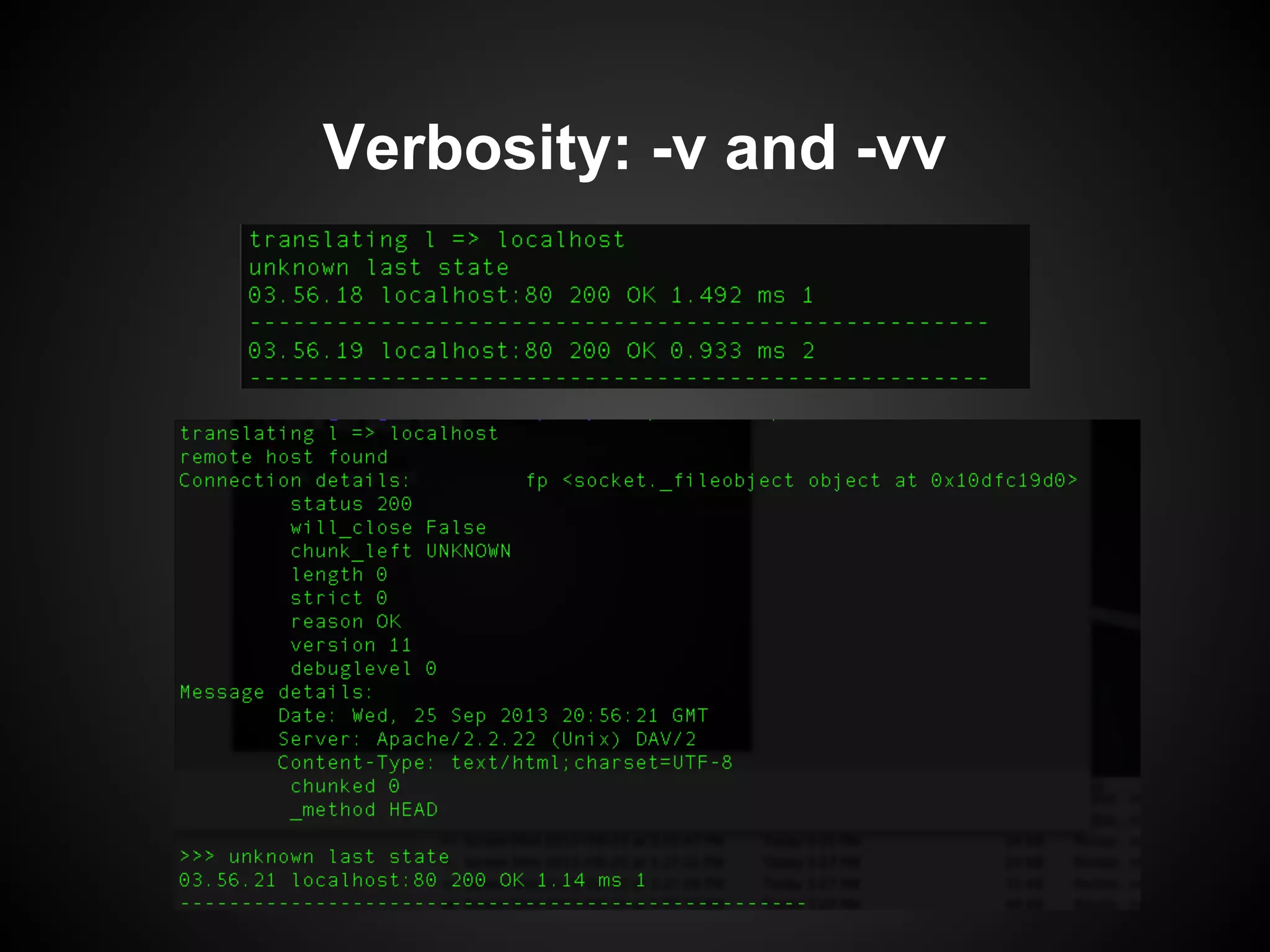 Verbosity: -v and -vv
 