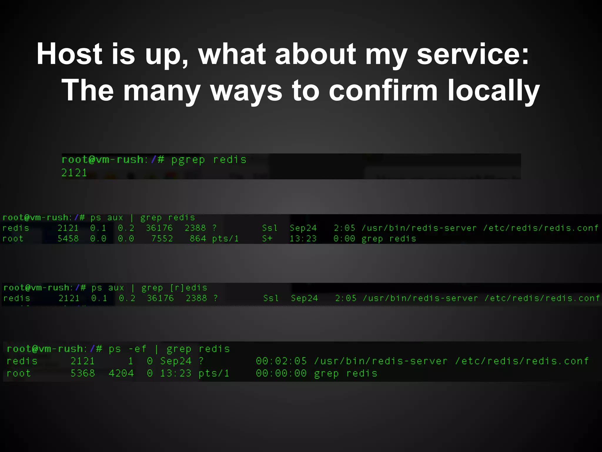 Host is up, what about my service:
The many ways to confirm locally
 