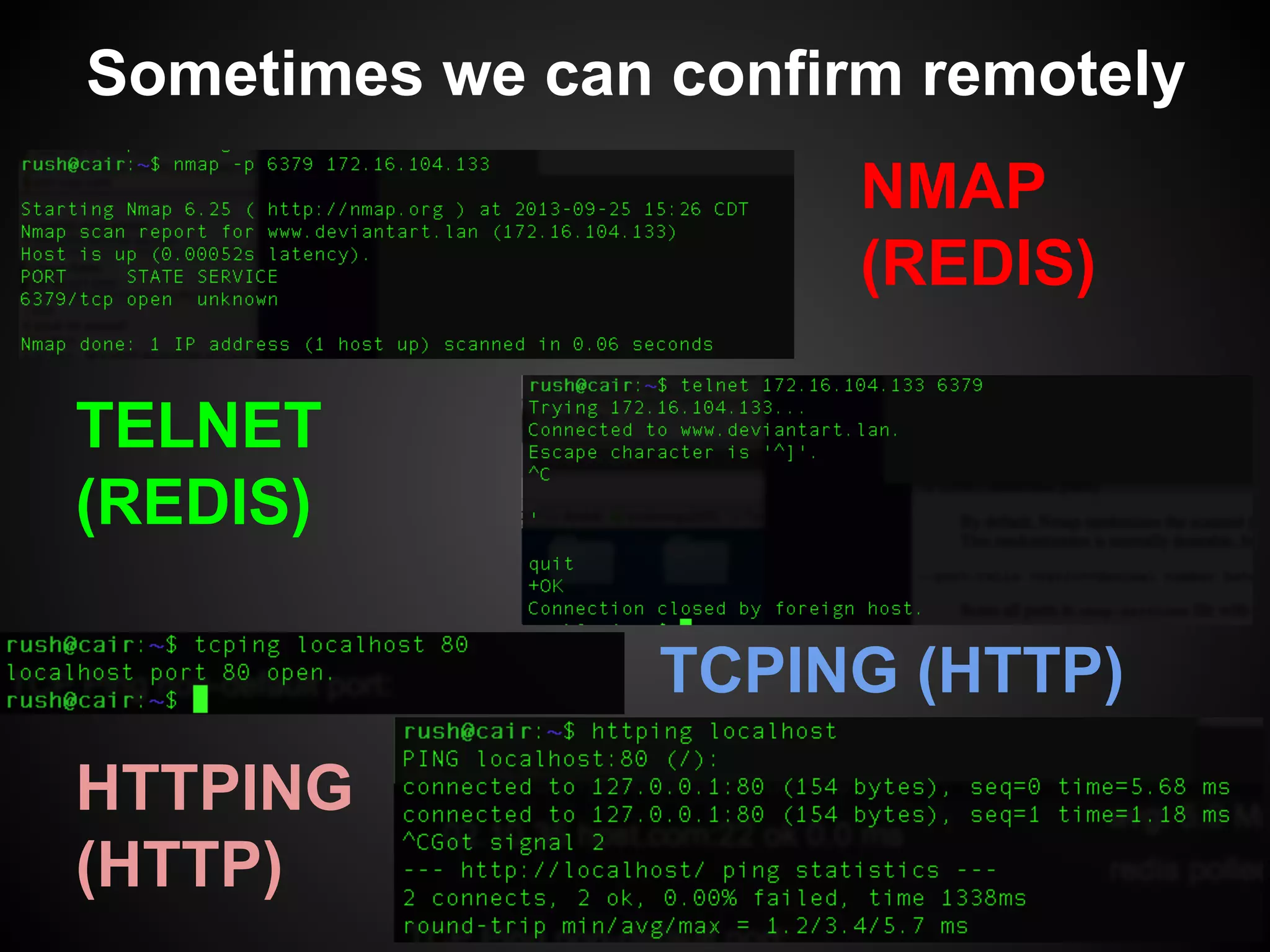 NMAP
(REDIS)
Sometimes we can confirm remotely
TELNET
(REDIS)
TCPING (HTTP)
HTTPING
(HTTP)
 