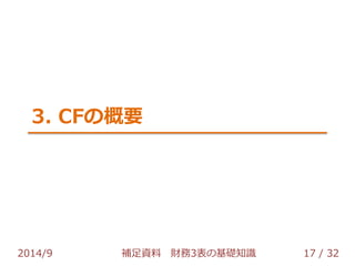 3. CFの概要 
2014/9 補足資料 財務3表の基礎知識 17 / 32 
 