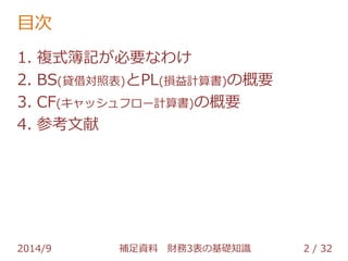 目次 
1. 複式簿記が必要なわけ 
2. BS(貸借対照表)とPL(損益計算書)の概要 
3. CF(キャッシュフロー計算書)の概要 
4. 参考文献 
2014/9 補足資料 財務3表の基礎知識 2 / 32 
 