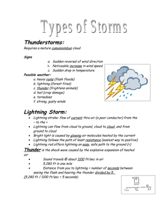 Thunderstorms:
Requires a mature cumulonimbus cloud

Signs
                 a. Sudden reversal of wind direction
                 b. Noticeable increase in wind speed
                 c. Sudden drop in temperature
Possible weather:
      a. heavy rains (flash floods)
      b. lightning (forest fires)
      c. thunder (frightens animals)
      d. hail (crop damage)
      e. tornadoes
      f. strong, gusty winds


Lightning Storm:
      •   Lightning stroke: flow of current thru air (a poor conductor) from the
          – to the +
      •   Lightning can flow from cloud to ground, cloud to cloud, and from
          ground to cloud
      •   Bright light is caused by glowing air molecules heated by the current
      •   Lightning follows the path of least resistance (easiest way to positive)
      •   Lightning rod offers lightning an easy, safe path to the ground (+)
Thunder is the shock wave caused by the explosive expansion of heated
air
      •      Sound travels @ about 1100 ft/sec in air
      •      5,280 ft in one mile
      •      Distance from you to lightning = number of seconds between
      seeing the flash and hearing the thunder divided by 5.
(5,280 ft / 1100 ft/sec = 5 seconds)
 
