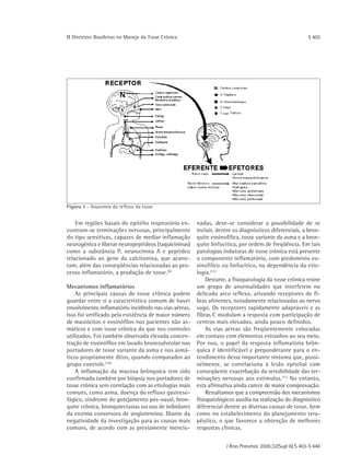ΙΙ Diretrizes Brasileiras no Manejo da Tosse Crônica                                                    S 405




Figura 1 - Anatomia do reflexo da tosse


    Em regiões basais do epitélio respiratório en-     nadas, deve-se considerar a possibilidade de se
contram-se terminações nervosas, principalmente        incluir, dentre os diagnósticos diferenciais, a bron-
do tipo sensitivas, capazes de mediar inflamação       quite eosinofílica, tosse variante da asma e a bron-
neurogênica e liberar neuropeptídeos (taquicininas)    quite linfocítica, por ordem de freqüência. Em tais
como a substância P, neurocinina A e peptídeo          patologias indutoras de tosse crônica está presente
relacionado ao gene da calcitonina, que acarre-        o componente inflamatório, com predomínio eo-
tam, além das conseqüências relacionadas ao pro-       sinofílico ou linfocítico, na dependência da etio-
cesso inflamatório, a produção de tosse.(9)            logia. (11)
                                                           Destarte, a fisiopatologia da tosse crônica reúne
Mecanismos inflamatórios                               um grupo de anormalidades que interferem no
    As principais causas de tosse crônica podem        delicado arco reflexo, ativando receptores de fi-
guardar entre si a característica comum de haver       bras aferentes, notadamente relacionadas ao nervo
envolvimento inflamatório incidindo nas vias aéreas.   vago. Os receptores rapidamente adaptáveis e as
Isso foi verificado pela existência de maior número    fibras C modulam a resposta com participação de
de mastócitos e eosinófilos nos pacientes não as-      centros mais elevados, ainda pouco definidos.
máticos e com tosse crônica do que nos controles           As vias aéreas são freqüentemente colocadas
utilizados. Foi também observada elevada concen-       em contato com elementos estranhos ao seu meio.
tração de eosinófilos em lavado broncoalveolar nos     Por isso, o papel da resposta inflamatória brôn-
portadores de tosse variante da asma e nos asmá-       quica é identificável e preponderante para o en-
ticos propriamente ditos, quando comparados ao         tendimento desse importante sintoma que, possi-
grupo controle.(10)                                    velmente, se correlaciona à lesão epitelial com
    A inflamação da mucosa brônquica tem sido          conseqüente exacerbação da sensibilidade das ter-
confirmada também por biópsia nos portadores de        minações nervosas aos estímulos.(11) No entanto,
tosse crônica sem correlação com as etiologias mais    esta afirmativa ainda carece de maior comprovação.
comuns, como asma, doença do refluxo gastreso-             Ressaltamos que a compreensão dos mecanismos
fágico, síndrome do gotejamento pós-nasal, bron-       fisiopatológicos auxilia na realização do diagnóstico
quite crônica, bronquiectasias ou uso de inibidores    diferencial dentre as diversas causas de tosse, bem
da enzima conversora de angiotensina. Diante da        como no estabelecimento do planejamento tera-
negatividade da investigação para as causas mais       pêutico, o que favorece a obtenção de melhores
comuns, de acordo com as previamente mencio-           respostas clínicas.


                                                                   J Bras Pneumol. 2006;32(Supl 6):S 403-S 446
 