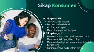 Sikap Konsumen
A. Sikap Positif
• Terbuka pada inovasi
• Percaya pada efisiensi
• Aktif secara digital
• Mendukung perkembangan
B. Sikap Negatif
• Khawatir soal privasi dan keamanan data
• Merasa gaptek ( gagal teknologi )
• Merasa teknologi membuat manusia terlalu
bergantung
• Kurang percaya pada sistem digital
 