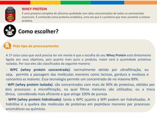 • Existe uma necessidade real em se aumentar o aporte protéico e isso deve ser feito sem
incrementar o conteúdo de gordura da dieta;
• A dieta deve ser complementada porque o indivíduo não tem condições no dia-dia de
consumir proteína (mora sozinho, sem tempo de cozinhar, etc.);
• Indivíduos que precisam passar por restrição calórica e não desejam perder massa
magra.
Suplementação com proteína pode ser indicada nos casos em que:
Qual é o melhor horário para consumir proteína?
Para quem visa aumento de massa muscular e vai consumir algum
suplemento, o melhor horário é assim que encerre os exercícios.
Testes feitos com bebidas contendo CHO e proteína ingeridas logo
após o treino indicam que a síntese protéica foi aumentada nessa
situação.
 